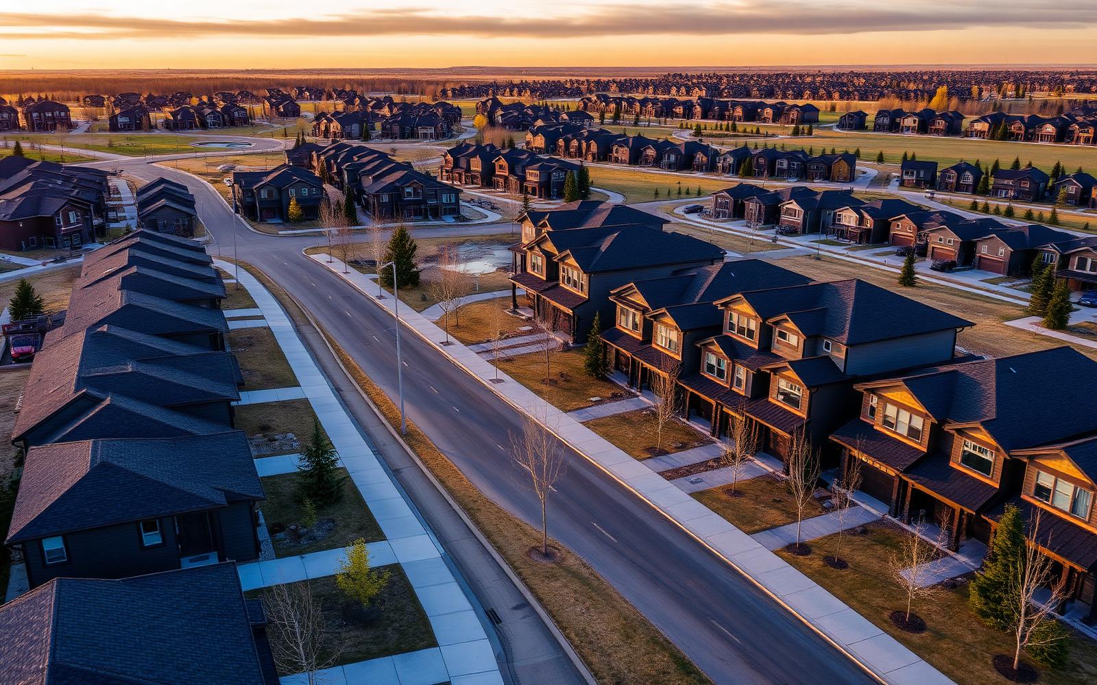 Aerial view of newer two-storey homes and wide streets in north Calgary at golden hour